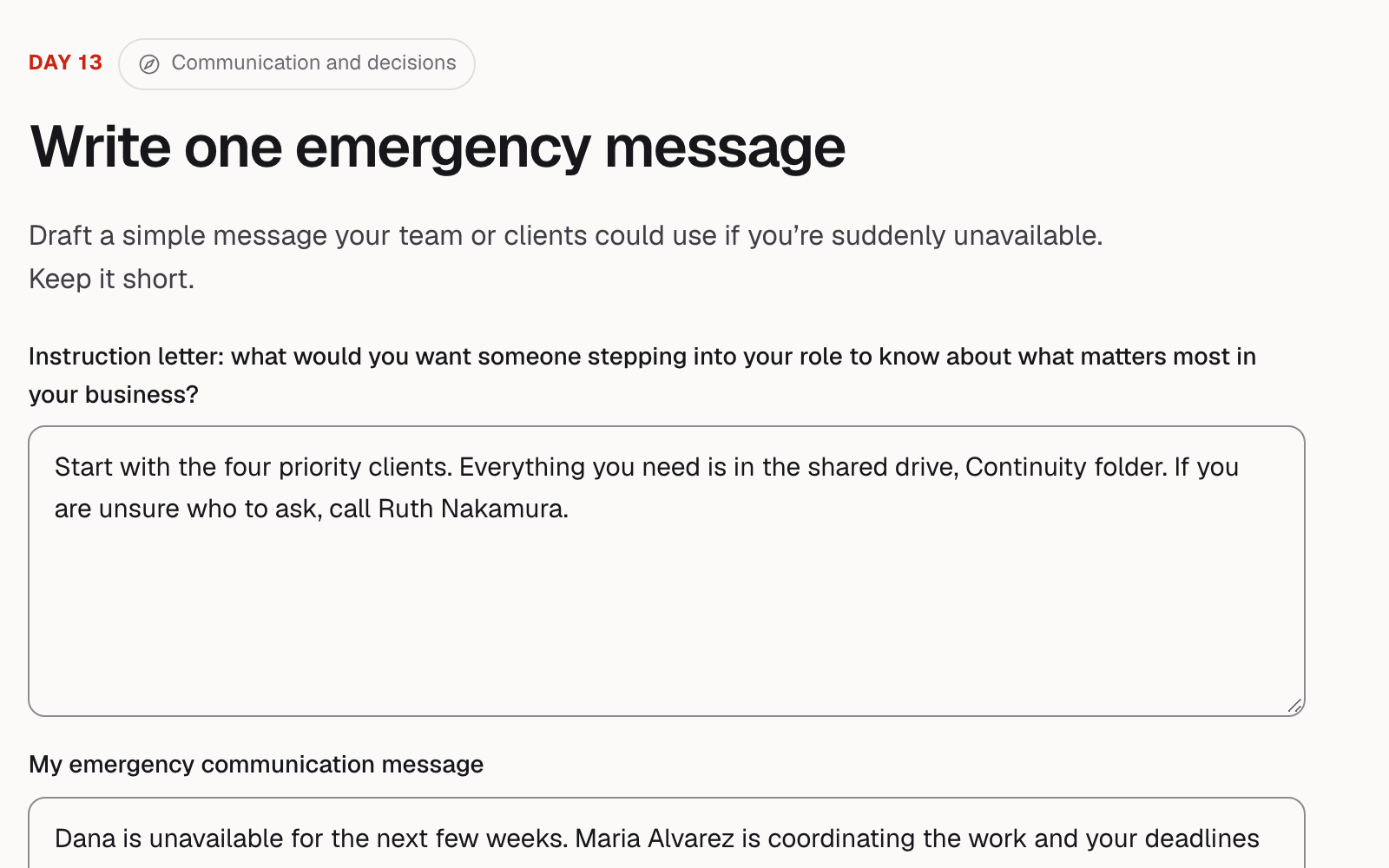 Day 13 of the Starter Kit workbook, with an instruction letter and emergency message drafted in the owner&rsquo;s own words using fictional business details.