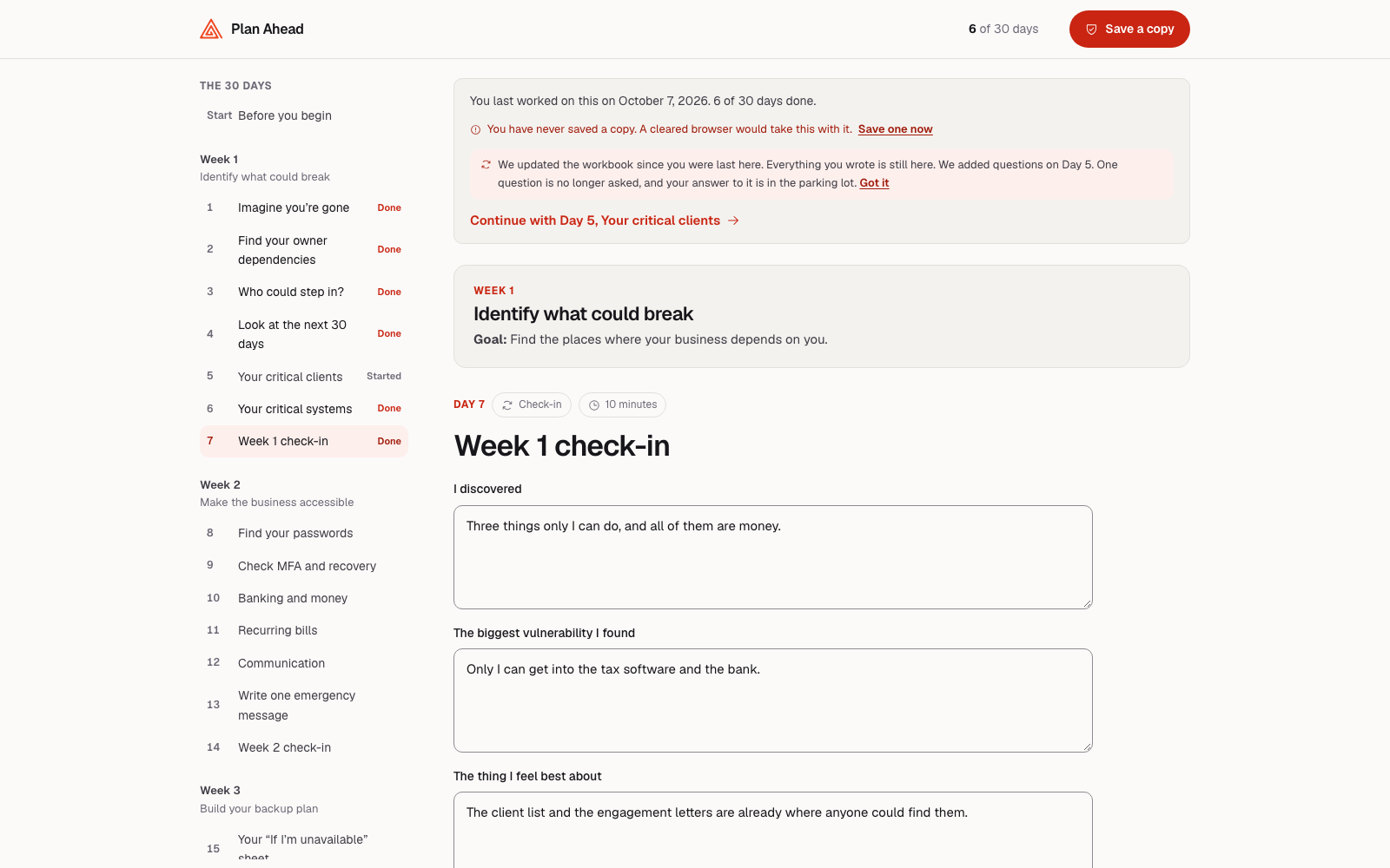 The workbook after an update, with a line reading &ldquo;We updated the workbook since you were last here. Everything you wrote is still here. We added questions on Day 5. One question is no longer asked, and your answer to it is in the parking lot,&rdquo; and a Got it link beside it.