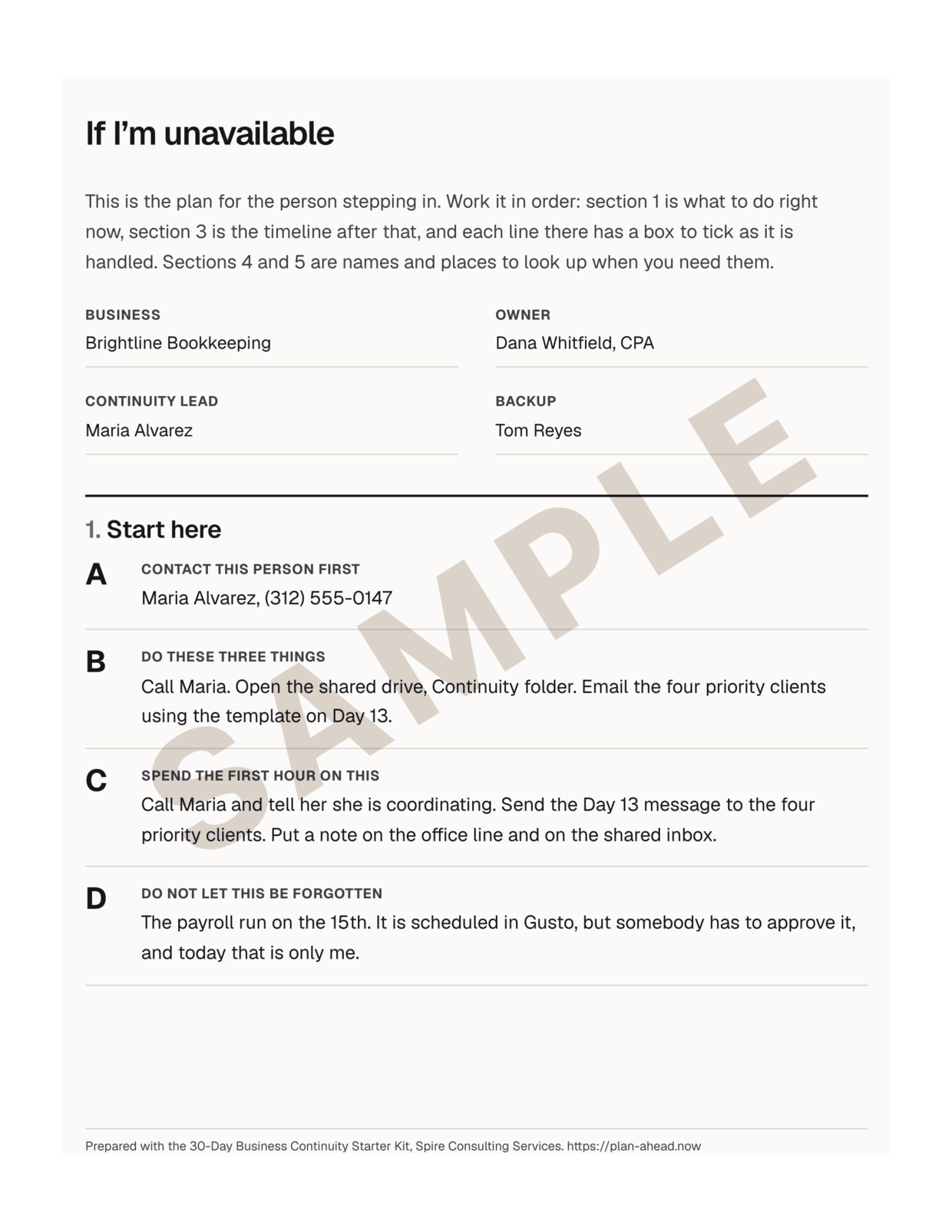First page of a fictional firm's printed plan, watermarked SAMPLE, with backup contacts, first actions and priorities.